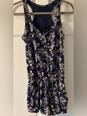 Express Navy Floral Button-Front Drawstring Romper